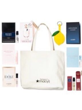 Macy's Cream Canvas Tote with 9pice sampler’s new